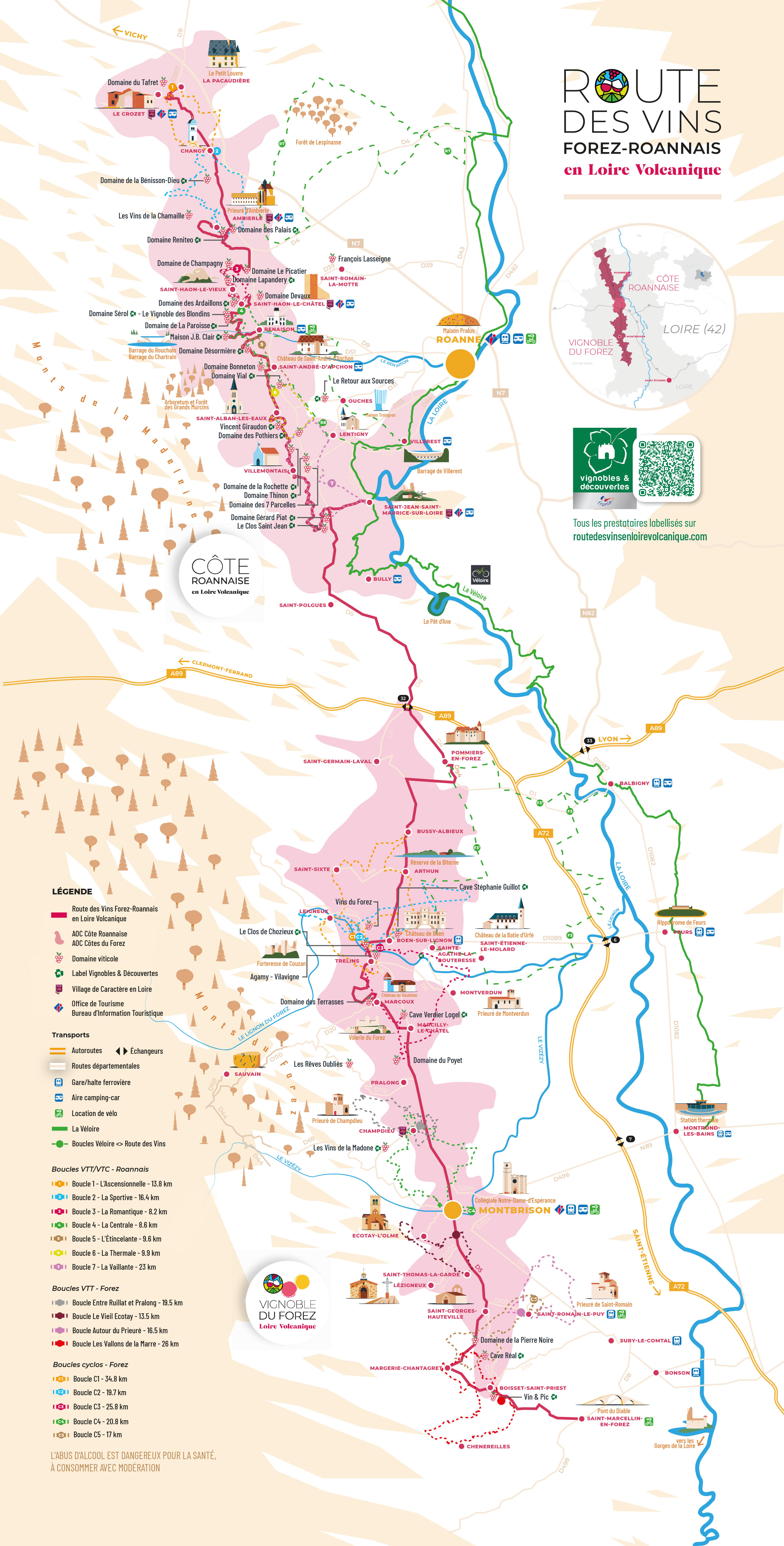 Carte Route des Vins Forez-Roannais en Loire Volcanique